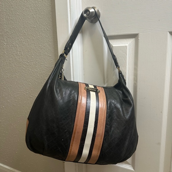 L.A.M.B. Y2K Vintage Black Leather Tan White Stripe Shoulder Bag - Picture 9 of 12